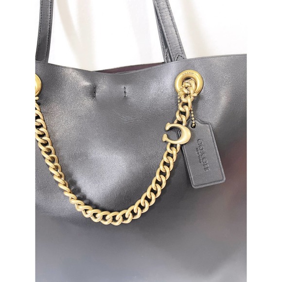 COACH Signature Chain Central Leather Tote Bag in Black - Picture 6 of 12